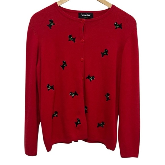 Vintage Sweaters - VINTAGE Studio Joy Scottie Dog Embroidered Button Up Cardigan Sweater Size PXL